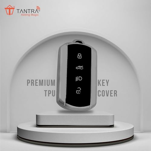 Image of TANTRA TPU Key Cover and Round Key Chain Compatible with Tata Curvv | Curvv EV Electric 4 Button Smart Key (Grey)