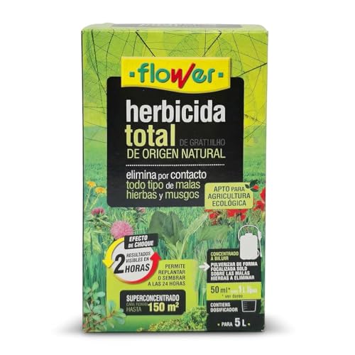 FLOWER Herbicida Total Ecológico de Origen Natural para 150 m² | Elimina Malas Hierbas y Musgo de Acción Rápida | Alternativa Glifosato Súper Concentrado 250 ml para 5L | Resultados en 2H (1 UD)
