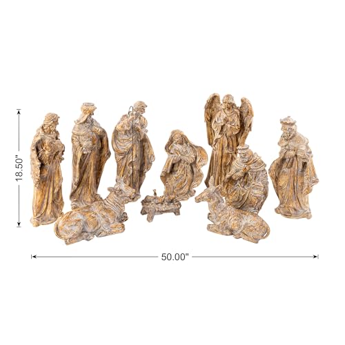 Image of Glitzhome Nativity Set for Christmas Indoor Decorations, 10-Piece Large Bronze Nativity Figurines Sets 18.5 inch x 50 inch, Resin Tabletop Scenes Figures Xmas Collectibles Figurine Statue Holiday Decor