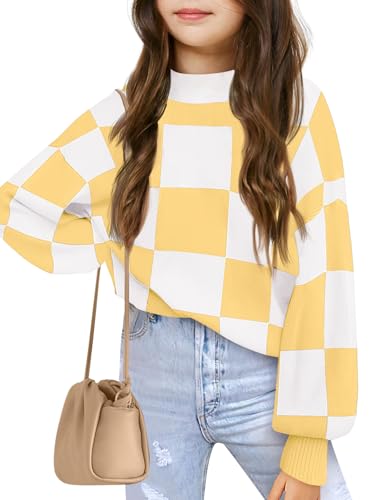 Image of Girls Sweaters Kids Fashion Plaid Mock Neck Pullover Sweater Tops 5-14 Years