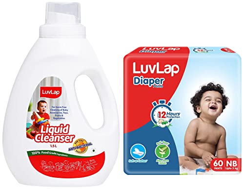 Image of LuvLap Liquid Cleanser 1.5ltr & LuvLap Baby Diaper Pants New Born Size (NB) Pack of 60 Count, Small (XS)