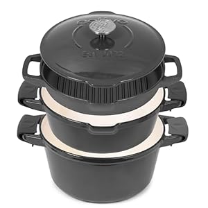 NATIVO 5 pc Stackable Cast Iron Cookware Set, Versatile Enamel Dutch Oven, Seasoned Grill Pan & Enamel Braiser with Precision Pour Spouts, Universal Lid, Included Spacers/Handle Holders, Stormy Grey