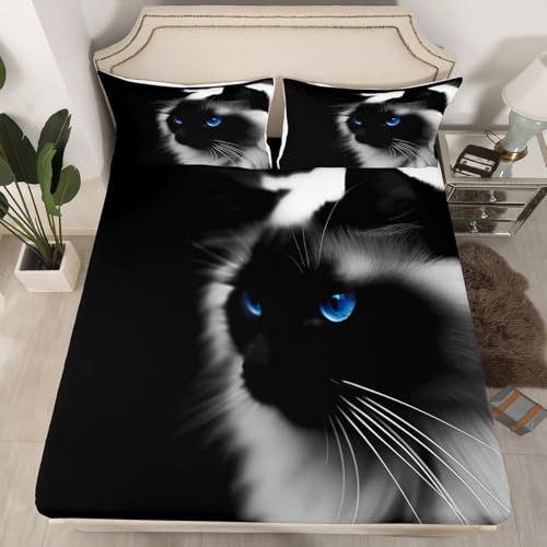 Homewish Drap Housse 90x190 Enfant Chat avec 1 Taie d'oreiller, Drap-Housse 1 Personne Gothique pour Ado Fille Adulte, Drap de Lit Animaux de Compagnie, Housse de Matelas Chaton Noir