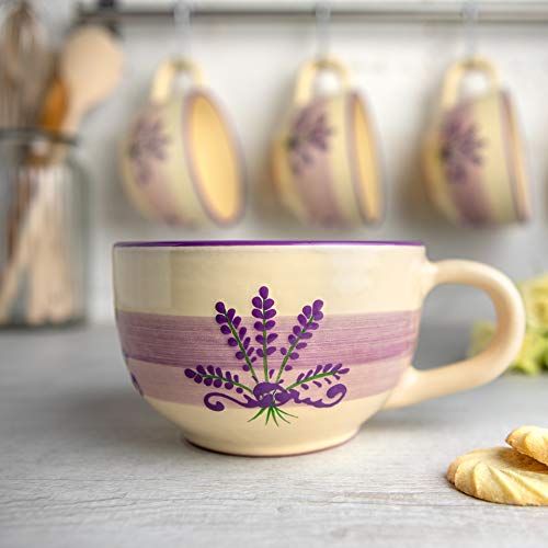 City to Cottage® Lavender Pattern Purple and Cream | Designer Handmade Hand Painted | Unique Ceramic Extra Large 17.5oz/500ml | Cappuccino Coffee Tea Soup Mugs Cups with Handle | Gift