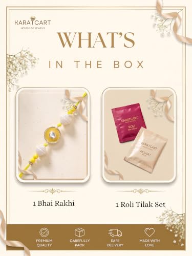Image of Karatcart Vibrant Yellow Meena Evil Eye Design Handmade Kundan Rakhi for Brother with Roli Chawal