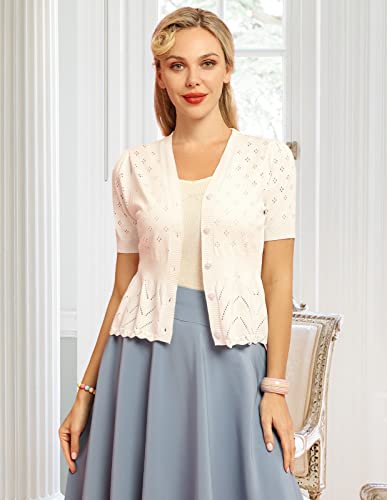 Women's White Short Sleeve Ruffle Bolero Shrug Sweaters Tops For Dress V-Neck Button Down Cropped Cardigans Ivory L #TOP2