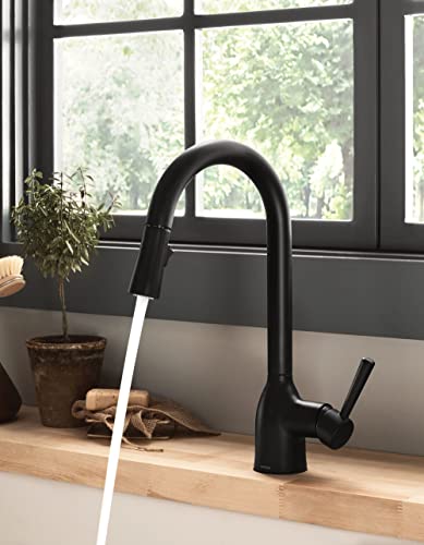 Moen Adler Matte Black One-Handle High Arc Kitchen Sink Faucet With Power Clean, Modern Kitchen Faucet With Pull Down Sprayer, 87233Bl #TOP3