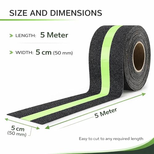 Image of YORWE Anti Slip Stair Tape with Glow in the Dark Strip - Heavy Duty Waterproof Non Slip Traction Tape for Stairs, Steps, Outdoor & Indoor Safety (Green, 5 Meter)