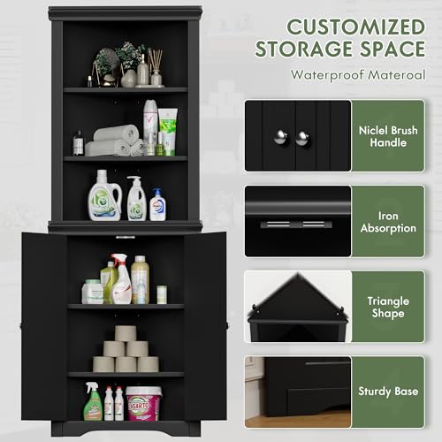 Flamaker Black Corner Cabinet with 2 Doors and 3 Shelves for Bathroom, Living Room, Bedroom, or Kitchen