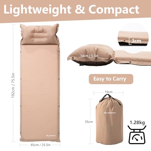 BISINNA-Self-Inflating-Sleeping-Pad-Thick-Foam-Sleeping-Mattress-with-Pillow-for-Camping-Lightweight-Insulated-Sleeping-Mat-Fast-Inflating-for-Camping-Travel-Car-Tent-12inches