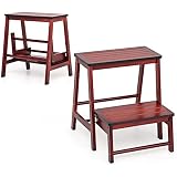 COSTWAY Marche Pied Bambou Pliant Portable à Deux Etages avec Levier Rabattable, Escabeau Tabouret Surface Antidérapante Bords Arrondis, Charge 150kg, 45x51x48cm (Rouge-Marron)