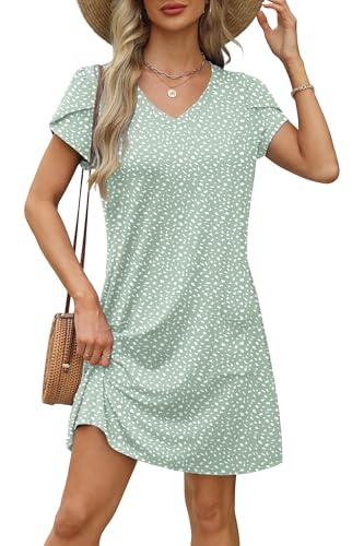 Image of OFEEFAN Womens Summer Dresses 2026 Tulip Petal Short Sleeve V Neck Loose Swing Sundresses with Pockets Plain /Print