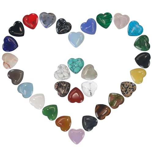 Healing Crystals,Virekm 30PCS Heart Healing Crystals Amethyst Heart Love Stones Set Palm Thumb Gemstones Chakra Reiki Balancing Gifts for Men Women (Colorful - 30 PCS)