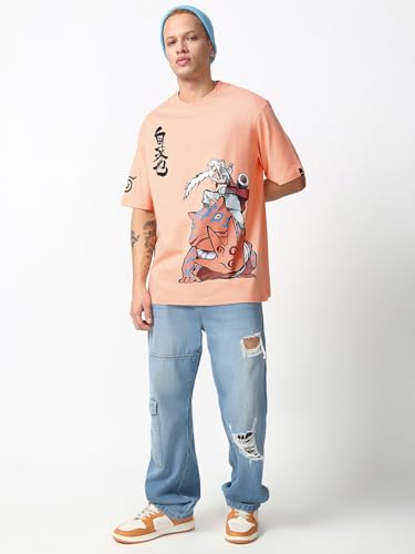 Image of Bewakoof Official Naruto Merchandise Men's 100% Cotton 220 GSM Graphic Print Oversized Fit Round Neck T-Shirt