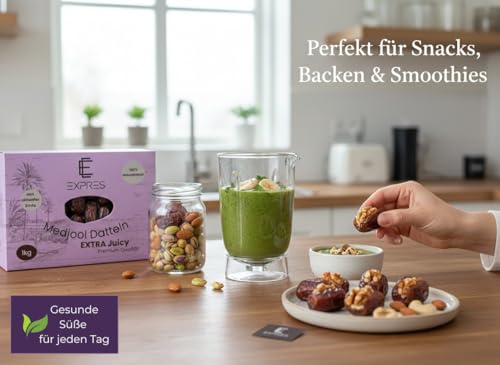 EXPRES- Large Medjool Datteln 1kg - Extra saftig & Groß (Premium Auswahl) - Frische Ernte 2025/26 aus Ägypten- Naturrein ohne Zuckerzusatz – vegan, ideal für Snacks & Rezepte – Perfekte Energiequelle