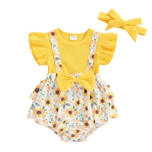 Image of Newborn Baby Girl Outfit Fly Sleeve Floral Romper Dress Headband Infant Cute Summer Clothes Set