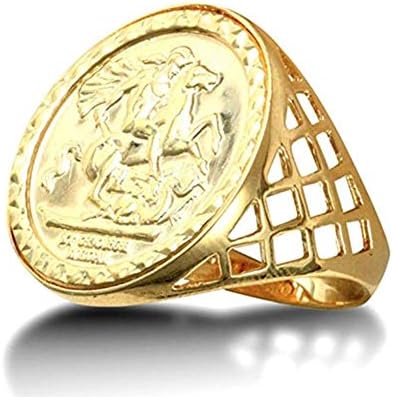 Jewelco London Men's Solid 9ct Yellow Gold St George Dragon Slayer Basket Half-Sovereign-Size Ring Size O