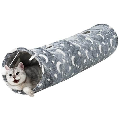 AOKUY Collapsible Cat Tunnel Toy in Suede, Cat tunnels for Indoor Cats with 2 Holes and Suspended Ball,for Cat Puppy, Kitty, Rabbit