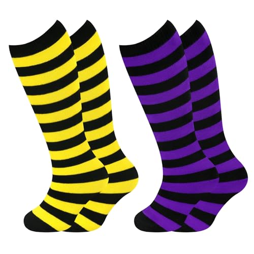 Image of Sarfel Kids Soccer Socks Toddler Soccer Socks Girls Boys Soccer Socks Kids Tube Socks with Stripes Toddler Knee High Socks, 2 Pack Black /Yellow Stripe, Black /Purple Stripe, 3-6 Years