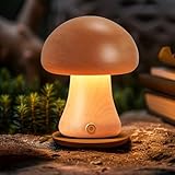 LONRISWAY Creative Wood Mushroom Table Lamp, Portable Cordless Small Lamp, Rechargeable Battery Operated Lamp,Stepless Dimming, Night Light for Birthday Gifts, Creative Home Decor Unique House Gift