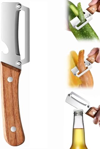 2 en 1 Pellura de verduras multifuncional, manija ergonómica antideslizante de madera, piel de fruta y patatas