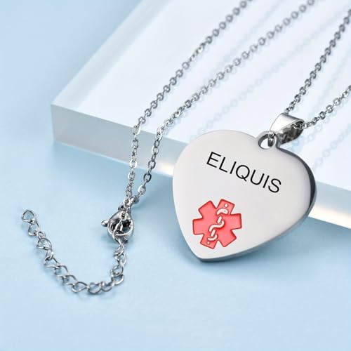 COMTRUDE Medical Alert Necklace For Women Eliquis ID Necklace Adjustable Stainless Steel Dog Tag Chain Shape Engraved Jewelry Heart Eliquis