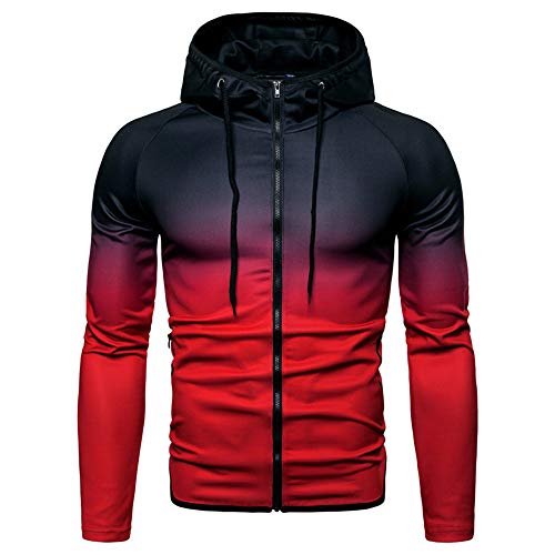 PRJN - Sudadera con cremallera para hombre, con cremallera, color degradado, con capucha, manga larga, color bloque B-rojo. XXXL
