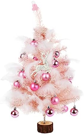 XINdream Tabletop Christmas Tree with Lights, 23'' Prelit Christmas Tree with Balls / Deer / Hat / Feather, Artificial Mini Christmas Tree for Xmas Tabletop Decorations (Battery Operated)