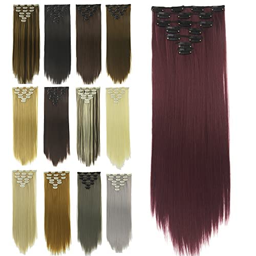 IMISSU 24 Inch 7PCS Set Long Straight Clip in Hair Extensions Natural Full Head Hair Extension Hairpiece for Women 120g (Burgundy)