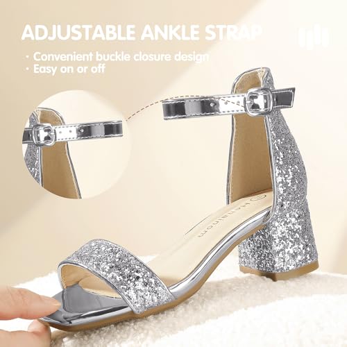 Image of Hehainom Girls Dress Shoes Heels Sandals Little Big Kids Square-Toe Ankle Strap Wedding Party Flower Girls Shoes