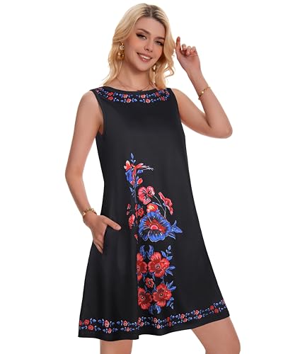 Image of Summer Dresses for Women Beach Boho Sleeveless Vintage Floral Flowy Pocket Tshirt Tank Sundresses 2026