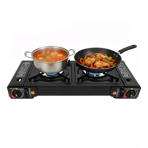Fornello a gas a 2 fuochi, fornello da campeggio a 2 fiamme, fornello da campeggio con piastra grill e un accenditore in ceramica per picnic