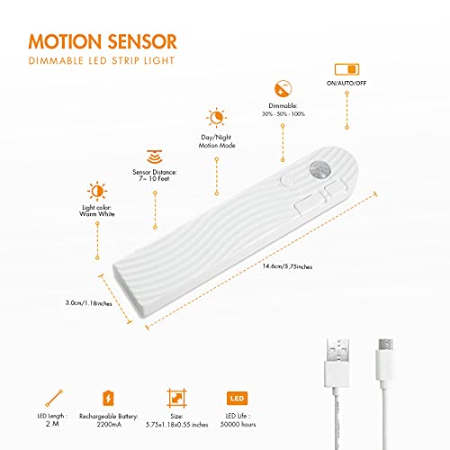 Tira de luces LED con sensor de movimiento recargable 2m Blanco cálido miniatura 2