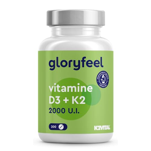 Vitamine D3 K2 (MK7), Cholécalciférol et Ménaquinone, Vitamin D3 K2 200 Micro Comprimés, 2000 UI avec 100 µg Vitamine K2, Contribue au Système Immunitaire et les Os, Maintien une Dentition Normale*