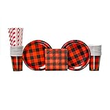 Buffalo Plaid Party Supplies Pack for 16 Guests: Straws, Dessert Plates, Beverage Napkins, and Cups