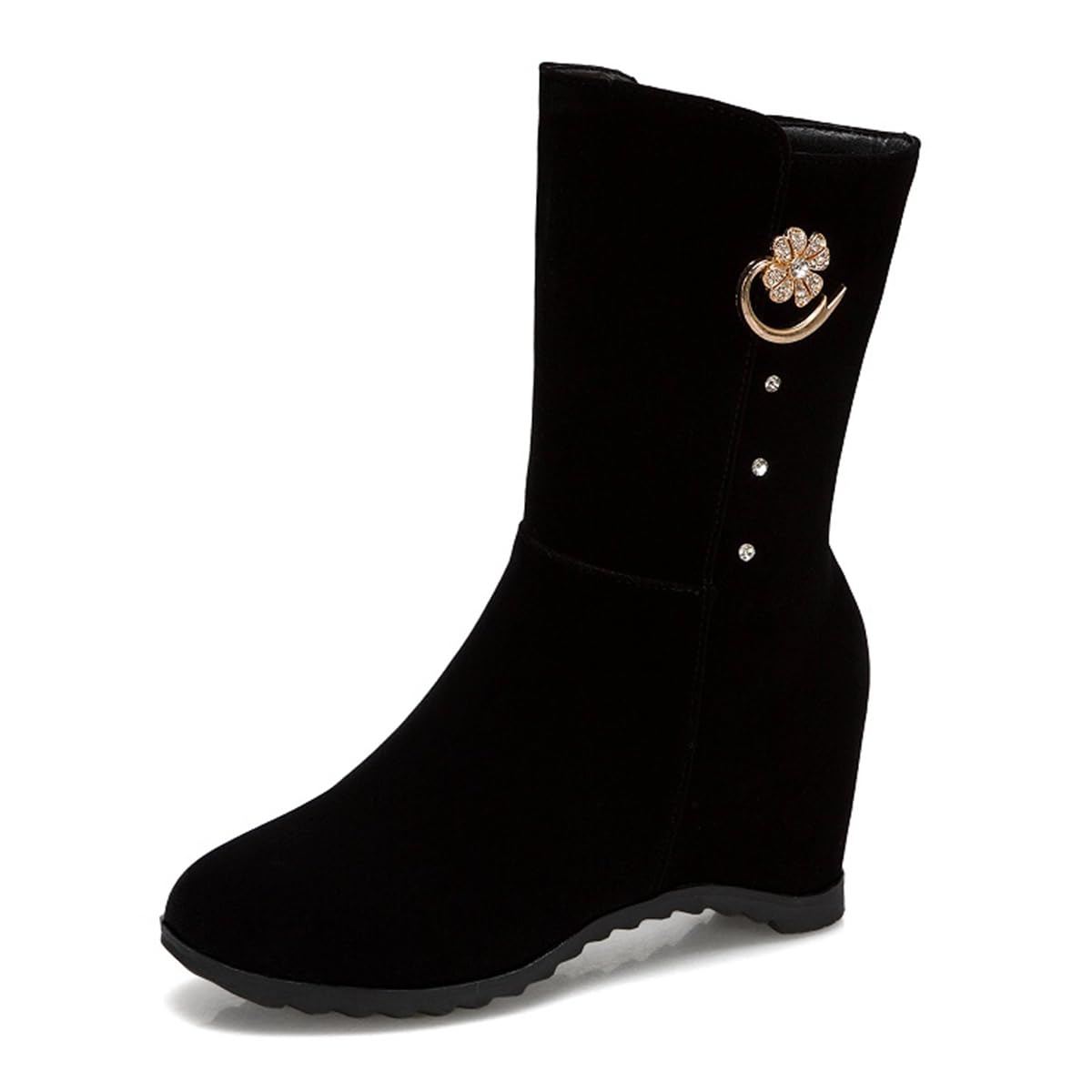 Womens Winter Mid Wedges Ankle Boots Round Toe Zipper Hidden Heels Rhinestone Dressy Short Booties