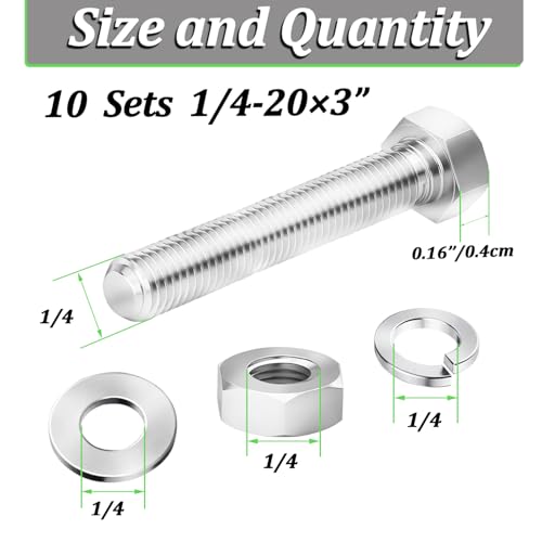 Image of 10 Sets1 /4-20 x 3 inch Stainless Steel Hex Head Screws Bolts, Nuts, Flat & Lock Washers,18-8(304) Full Thread