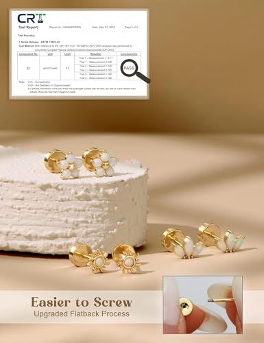 ORAZIO Gold Flat Back Stud Earrings for Women Men Sterling Silver Post Hypoallergenic Screw Back Earrings 14K Gold Cartilage Conch Helix Tragus Piercing Jewelry CZ Opal Earring Set 3 Pairs 20G3