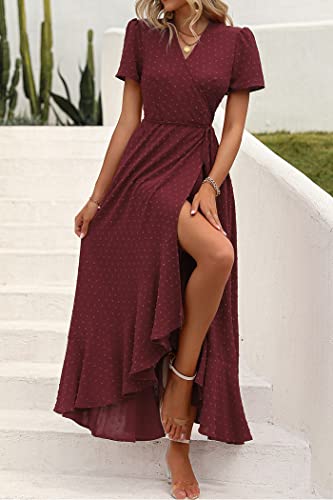 Image of PRETTYGARDEN Women's Summer Wrap Maxi Dress Casual Boho Floral V Neck Short Sleeve Ruffle Hem Split Beach Long Dresses
