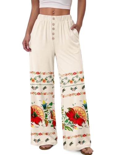 KISSMODA Palazzo Pants for Women High Waist Wide Leg Trousers Comfy Loose Summer Soft Lounge Pajama Pants Beige Floral L