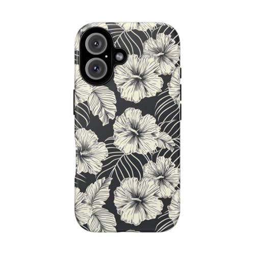 Coque rigide mate iPhone 16 noir floral monochrome au design épuré