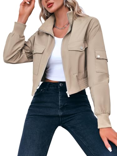Fisoew Women's Cropped Bomber Jackets Lightweight Zip Up Stand Collar Long Sleeve Short Jacket with Pockets3