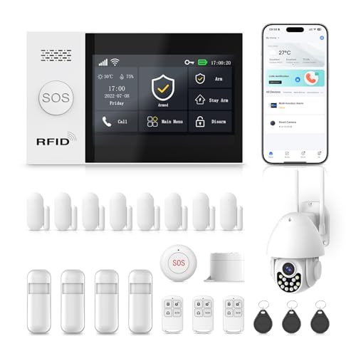 XNH 4.3'' Pantalla Táctil Alarma para Casa con Camara Exterior, Sistema de Seguridad para el Hogar con Sirena 120dB, 21 Piezas, Sensores de Ventana de Puerta, Detector de Movimiento, Controles Remoto