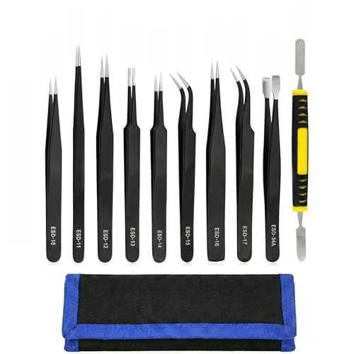 Rackii 10PCS Precision Tweezers Kit, ESD Safe Anti-Static Anti-Magnetic Stainless Steel Fine Tip Set with Storage Bag and Pry Tool for Electronics Repair, Soldering, Jewelry Making, Lab and Model Work