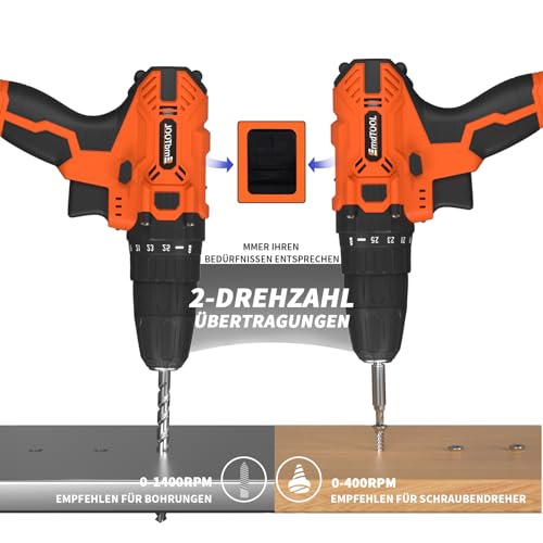 21V Akku Bohrschrauber Set mit 1 Akkus 1,5Ah, Orange Akku Bohrmaschine Set für Bohrwände, Holz, Metall, Akkubohrer 45Nm 25+1 Drehmomentstufen, LED und Koffer, 2-Gang, 29 Stück Zubehör – Bild 3