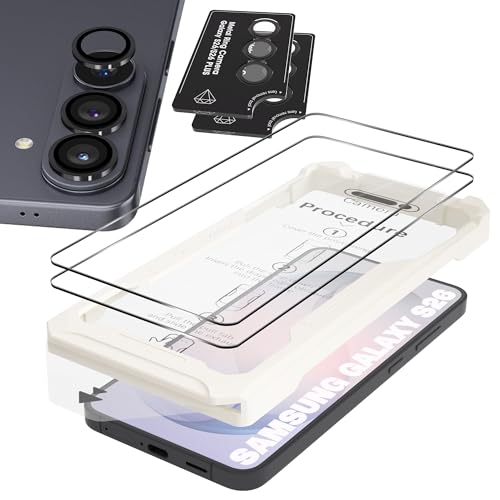 (2+2) Orzero Compatible for Samsung Galaxy S26, 2 Pack Screen Protector + 2 Set Metal Camera Lens Protector, 9H Tempered Glass [Fast Alignment Tool][Auto-Dust Removal] 100% Fingerprint Unlock HD Anti-Scratch Bubble-Free Shatterproof