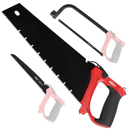 AIRAJ 3-in-1 Hand Saw,10 inch Pruning Saw, 12 inch Hacksaw and 13 inch Handsaw, with 9 Replaceable Hacksaw Blade, Cutting Metal Wood,PVC Pipe,Plastics,Camping,Tree Pruning