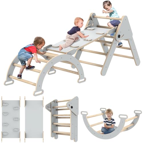 Image of Toddler Climbing Toys Indoor, Foldable Climbing Toys for Toddlers, Montessori Climbing Set with Triangle Climber, Arch Ramp, Rock Climber, Slide, Rocker, Wooden Montessori Toys for Toddlers