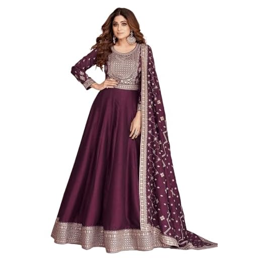 Anarkali Gown with Dupatta Set for Women, Chinon Fabric || Ethnic Gown (in, Alpha, 3XL, Regular, Dark Purple)