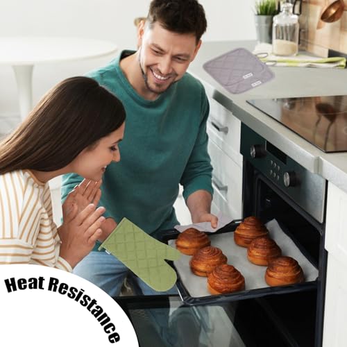 Win Change Oven Mitts and Pot Holders Sets,6 Pcs Oven Mitts and Potholders with Recycled Cotton High Heat Resistant Extra Thick Long Oven Mitts for Cooking(Green) - Thumbnail 5